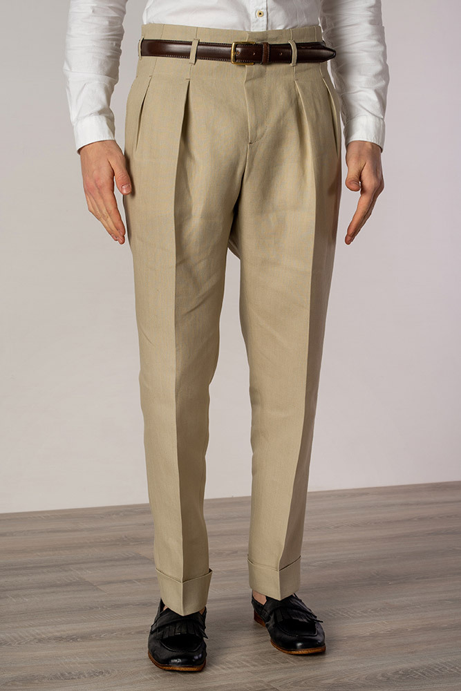 Men's sartorial trousers, classic fit, 2 pleats, linen, beige, spring summer